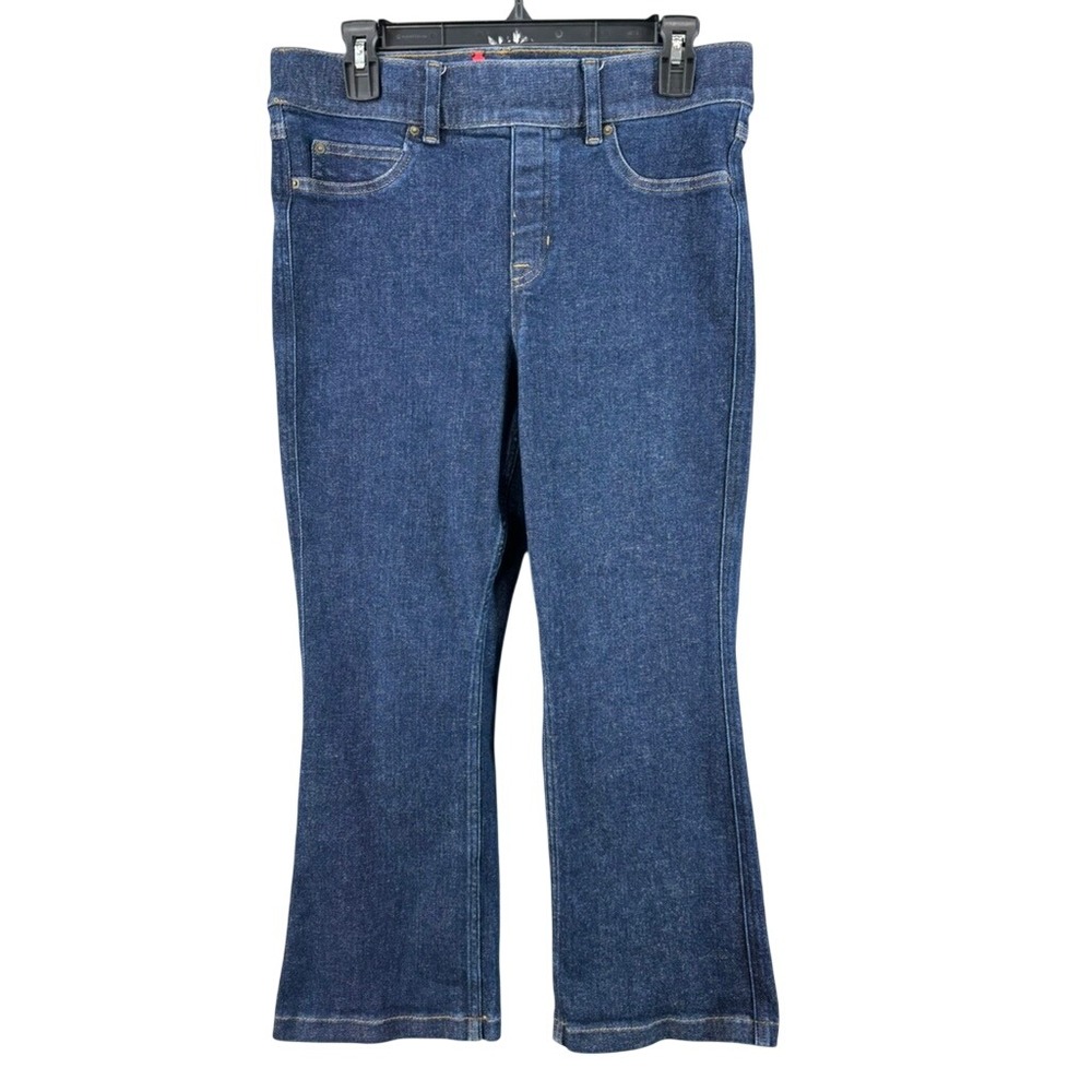 Spanx Ankle‎ Flare Jeans Womens Sz L Petite Blue Pull On Shaping Stretch Denim